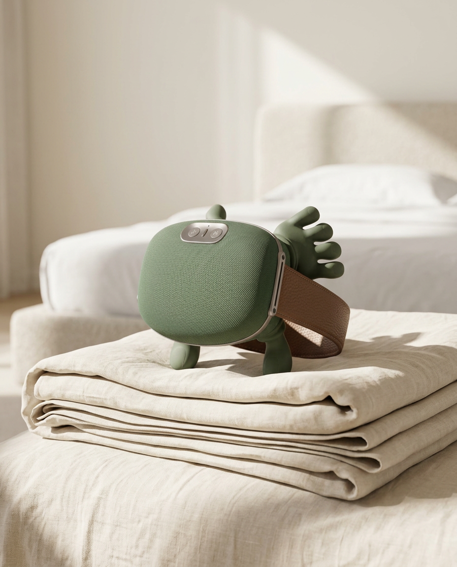 Shiatsu Neck & Back Massager in sage green resting on folded cream linen in a bright bedroom