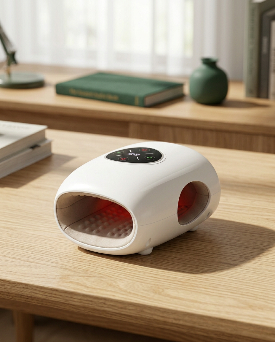 Air Compression Hand Massager in white with infrared heating on a light oak desk in a study